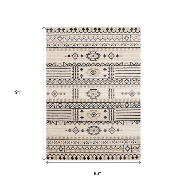 HomeRoots 5' Cream and Black Tribal Area Rug – Durable, Stylish Design for Family Rooms and Play Areas 5' X 8' 660257
