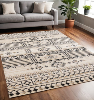 HomeRoots 5' Cream and Black Tribal Area Rug – Durable, Stylish Design for Family Rooms and Play Areas 5' X 8' 660257