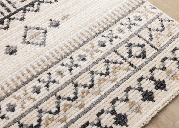 HomeRoots 5' Cream and Black Tribal Area Rug – Durable, Stylish Design for Family Rooms and Play Areas 5' X 8' 660257