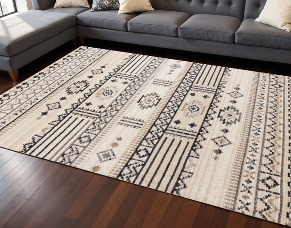 HomeRoots 5' Cream and Black Tribal Area Rug – Durable, Stylish Design for Family Rooms and Play Areas 8' X 11' 660258