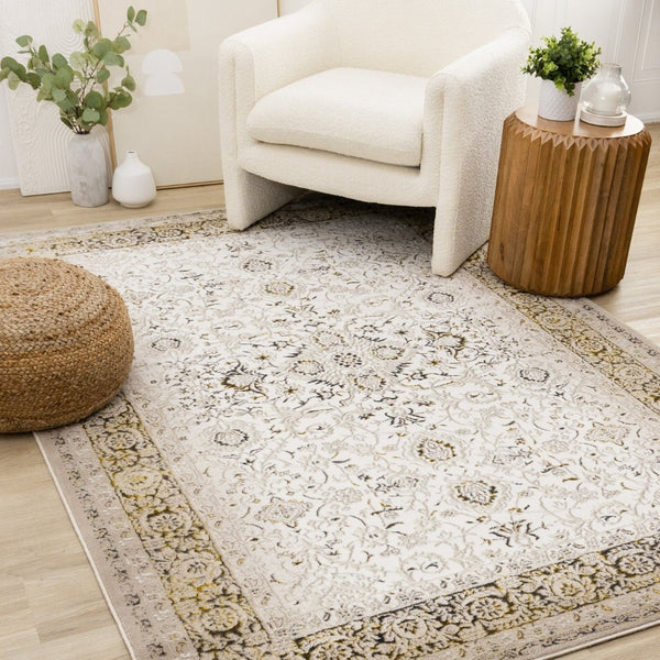 HomeRoots 5' Timeless Cream, Black & Tan Medallion Area Rug – Elegant, Durable Design for Any Home Decor 5' X 8' 660263