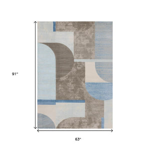 HomeRoots 5' Modern Geometric Area Rug in Blue-Gray and Brown - Durable, Stain-Resistant, Low-Maintenance Design 5' X 8' 660279