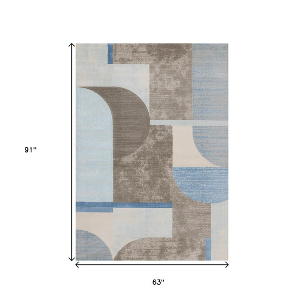 HomeRoots 5' Modern Geometric Area Rug in Blue-Gray and Brown - Durable, Stain-Resistant, Low-Maintenance Design 5' X 8' 660279