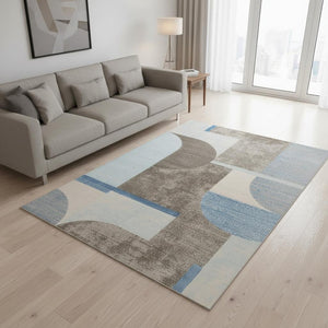 HomeRoots 5' Modern Geometric Area Rug in Blue-Gray and Brown - Durable, Stain-Resistant, Low-Maintenance Design 5' X 8' 660279