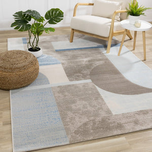 HomeRoots 5' Modern Geometric Area Rug in Blue-Gray and Brown - Durable, Stain-Resistant, Low-Maintenance Design 5' X 8' 660279