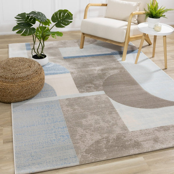 HomeRoots 5' Modern Geometric Area Rug in Blue-Gray and Brown - Durable, Stain-Resistant, Low-Maintenance Design 5' X 8' 660279