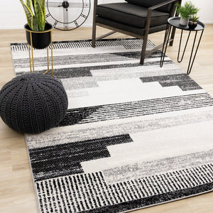 HomeRoots 5' Striped Area Rug in White and Gray - Stylish, Durable, Stain-Resistant Design for Any Room 5' X 8' 660281