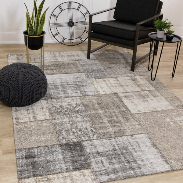HomeRoots 5' Abstract Area Rug in Gray, Cream, and Tan - Stylish, Durable, and Stain Resistant for Modern Homes 5' X 8' 660283