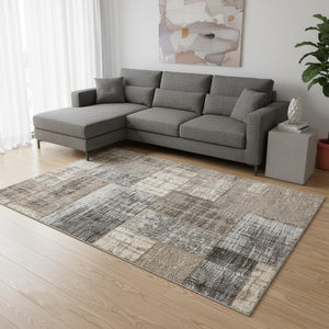 HomeRoots 5' Abstract Area Rug in Gray, Cream, and Tan - Stylish, Durable, and Stain Resistant for Modern Homes 8' X 11' 660284