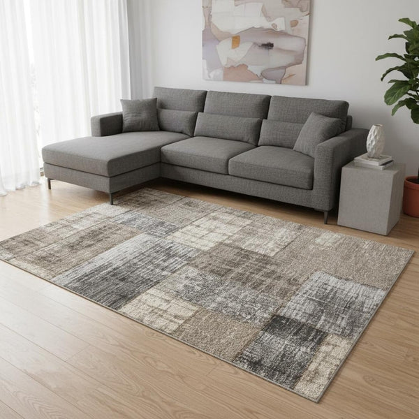HomeRoots 5' Abstract Area Rug in Gray, Cream, and Tan - Stylish, Durable, and Stain Resistant for Modern Homes 8' X 11' 660284
