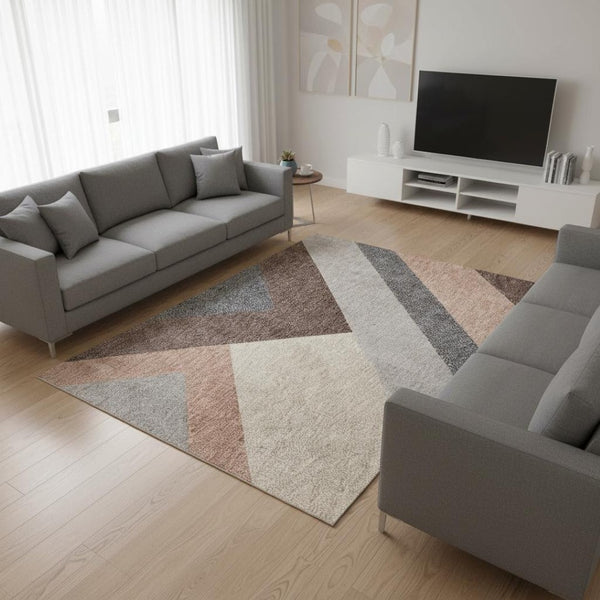 HomeRoots 5' Modern Geometric Area Rug in Gray, Brown, and Beige - Durable, Stain-Resistant, Stylish Design 8' X 11' 660287