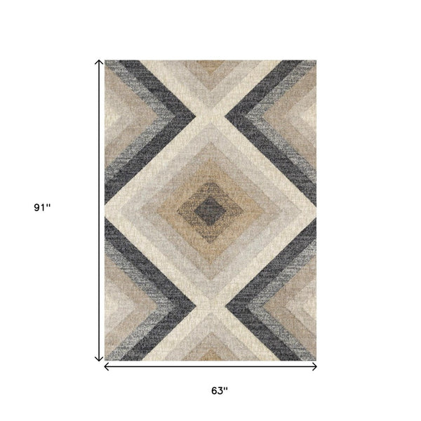 HomeRoots 5' Modern Gray Beige Black Geometric Area Rug for Stylish Living Spaces - Durable & Stain-Resistant 5' X 8' 660294