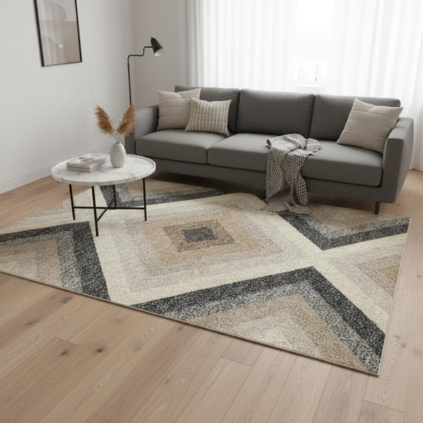 HomeRoots 5' Modern Gray Beige Black Geometric Area Rug for Stylish Living Spaces - Durable & Stain-Resistant 5' X 8' 660294