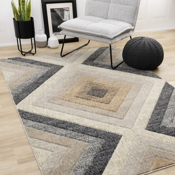 HomeRoots 5' Modern Gray Beige Black Geometric Area Rug for Stylish Living Spaces - Durable & Stain-Resistant 5' X 8' 660294