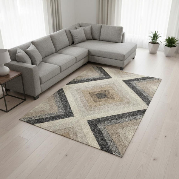 HomeRoots 5' Modern Gray Beige Black Geometric Area Rug for Stylish Living Spaces - Durable & Stain-Resistant 8' X 11' 660295