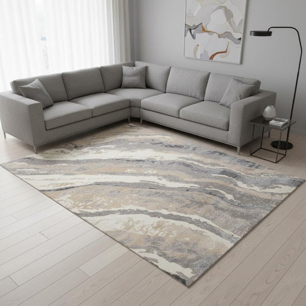 HomeRoots 5' Stylish Taupe Gray and Ivory Abstract Area Rug for Modern Homes - Durable, Stain-Resistant Design 8' X 11' 660297