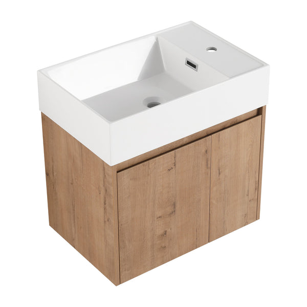English Elm 24 Inch Bathroom Cabinet Resin Sink Vanity with Soft-Close Doors, Beveled Handle, Water-Resistant Finish Imitative Oak W999P228748