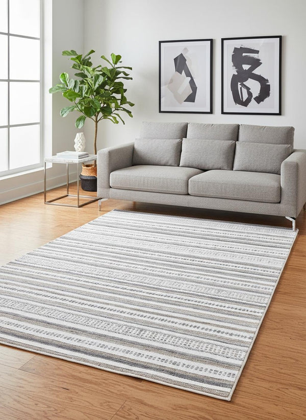 HomeRoots 5' Hand-Woven Cream Beige and Gray Striped Area Rug - Stylish, Durable, and Perfect for Any Room 5' X 8' 660302