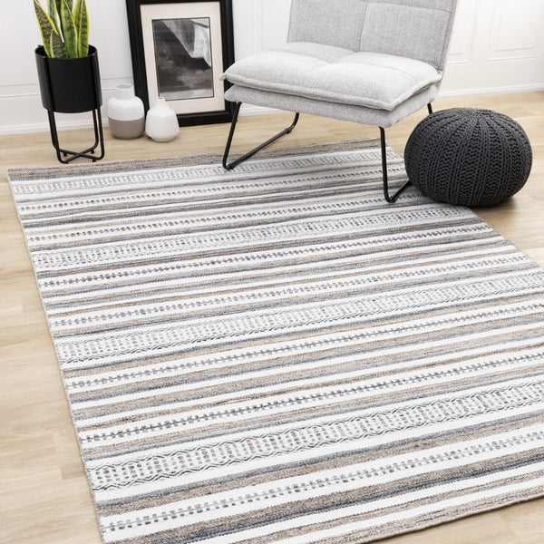 HomeRoots 5' Hand-Woven Cream Beige and Gray Striped Area Rug - Stylish, Durable, and Perfect for Any Room 8' X 11' 660303