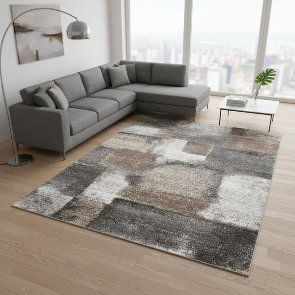 HomeRoots 4' Modern Abstract Area Rug in Gray, Brown, and Ivory - Soft, Durable, and Ideal for High-Traffic Spaces 7' X 10' 660306