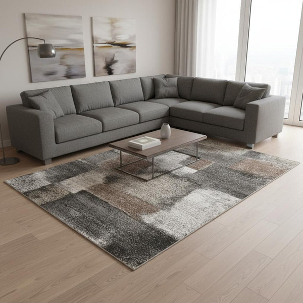 HomeRoots 4' Modern Abstract Area Rug in Gray, Brown, and Ivory - Soft, Durable, and Ideal for High-Traffic Spaces 8' X 11' 660307