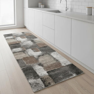 HomeRoots 4' Modern Abstract Area Rug in Gray, Brown, and Ivory - Soft, Durable, and Ideal for High-Traffic Spaces 2' X 8' 660308