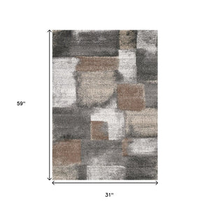 HomeRoots 4' Modern Abstract Area Rug in Gray, Brown, and Ivory - Soft, Durable, and Ideal for High-Traffic Spaces 3' X 5' 660309