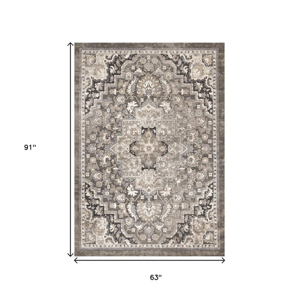 HomeRoots 5' Taupe Gray and Brown Medallion Area Rug - Elegant, Stain-Resistant Design for Any Living Space 5' X 8' 660310