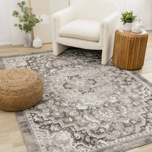 HomeRoots 5' Taupe Gray and Brown Medallion Area Rug - Elegant, Stain-Resistant Design for Any Living Space 5' X 8' 660310