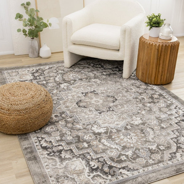 HomeRoots 5' Taupe Gray and Brown Medallion Area Rug - Elegant, Stain-Resistant Design for Any Living Space 8' X 11' 660311