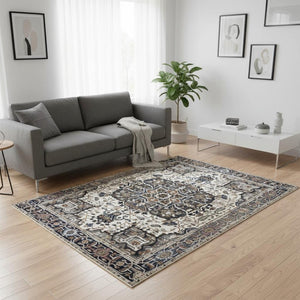 HomeRoots 5' Gray Black and Ivory Medallion Area Rug - Stylish, Stain-Resistant, Durable for Any Room Decor 5' X 8' 660312