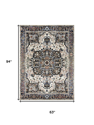 HomeRoots 5' Gray Black and Ivory Medallion Area Rug - Stylish, Stain-Resistant, Durable for Any Room Decor 5' X 8' 660312