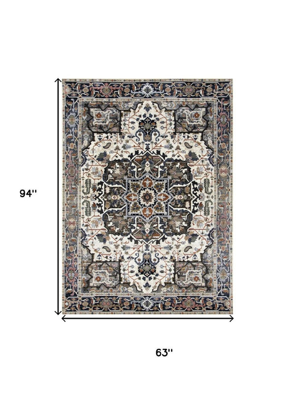 HomeRoots 5' Gray Black and Ivory Medallion Area Rug - Stylish, Stain-Resistant, Durable for Any Room Decor 5' X 8' 660312