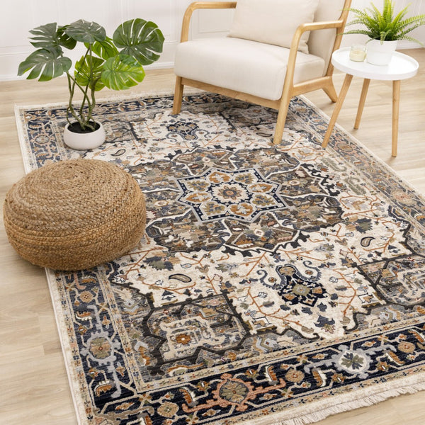 HomeRoots 5' Gray Black and Ivory Medallion Area Rug - Stylish, Stain-Resistant, Durable for Any Room Decor 8' X 10' 660313