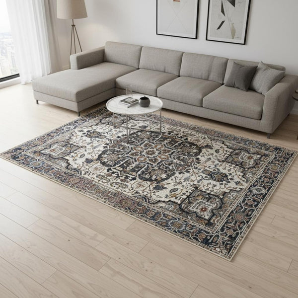 HomeRoots 5' Gray Black and Ivory Medallion Area Rug - Stylish, Stain-Resistant, Durable for Any Room Decor 8' X 10' 660313