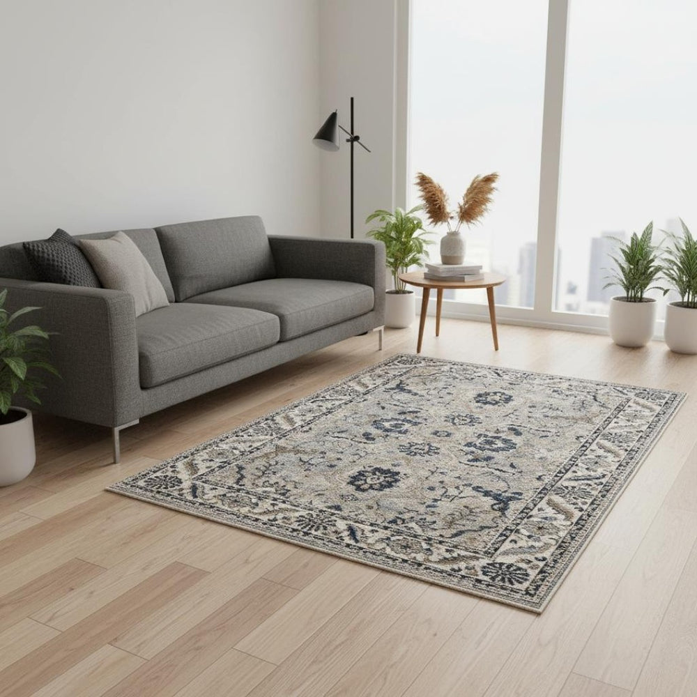 HomeRoots 5' Medallion Area Rug in Beige, Gray & Black - Durable, Stain-Resistant Design for Modern Spaces 5' X 8' 660314