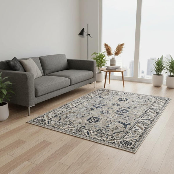 HomeRoots 5' Medallion Area Rug in Beige, Gray & Black - Durable, Stain-Resistant Design for Modern Spaces 5' X 8' 660314