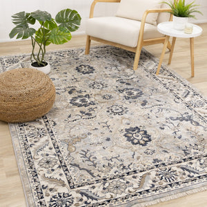 HomeRoots 5' Medallion Area Rug in Beige, Gray & Black - Durable, Stain-Resistant Design for Modern Spaces 5' X 8' 660314