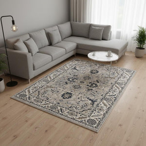 HomeRoots 5' Medallion Area Rug in Beige, Gray & Black - Durable, Stain-Resistant Design for Modern Spaces 8' X 10' 660315