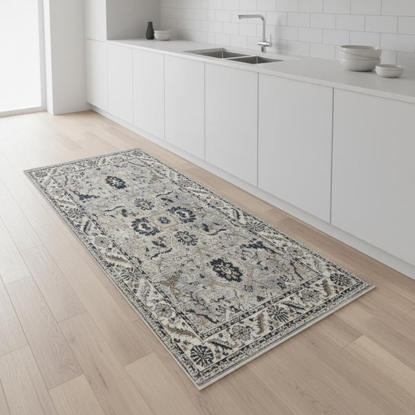 HomeRoots 5' Medallion Area Rug in Beige, Gray & Black - Durable, Stain-Resistant Design for Modern Spaces 2' X 8' 660316