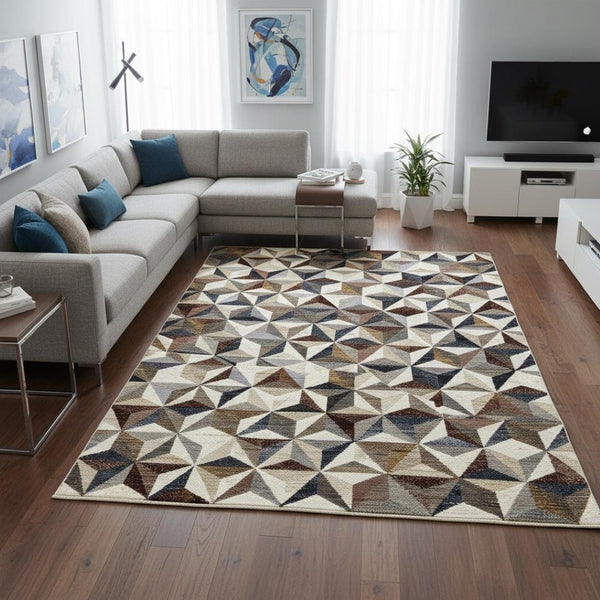 HomeRoots 5' Contemporary Cream, Gray & Brown Geometric Area Rug – Stylish, Durable & Stain-Resistant Design 8' X 10' 660318