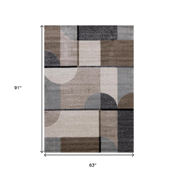HomeRoots 5' Modern Geometric Area Rug in Cream, Gray & Brown - Durable, Low-Pile Design for Busy Spaces 5' X 8' 660319