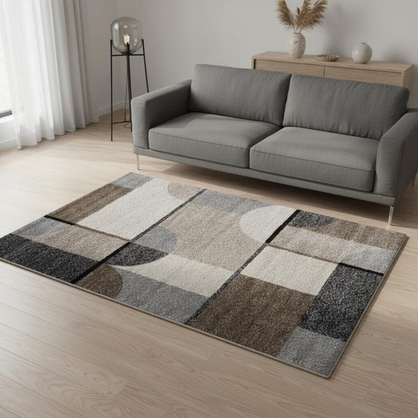 HomeRoots 5' Modern Geometric Area Rug in Cream, Gray & Brown - Durable, Low-Pile Design for Busy Spaces 5' X 8' 660319