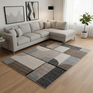 HomeRoots 5' Modern Geometric Area Rug in Cream, Gray & Brown - Durable, Low-Pile Design for Busy Spaces 8' X 11' 660320