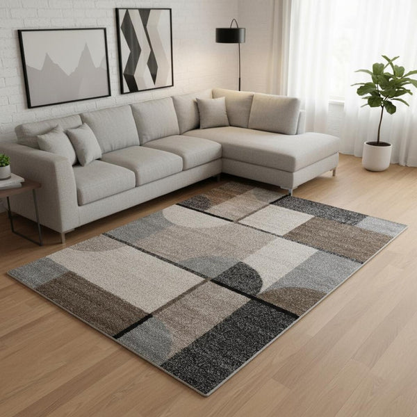 HomeRoots 5' Modern Geometric Area Rug in Cream, Gray & Brown - Durable, Low-Pile Design for Busy Spaces 8' X 11' 660320