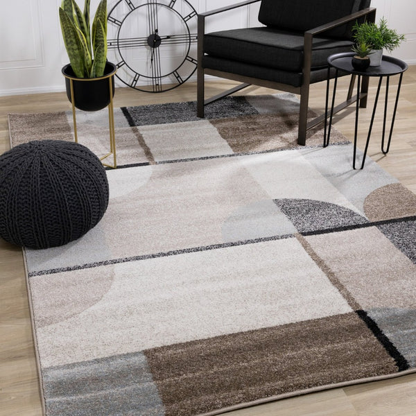 HomeRoots 5' Modern Geometric Area Rug in Cream, Gray & Brown - Durable, Low-Pile Design for Busy Spaces 8' X 11' 660320