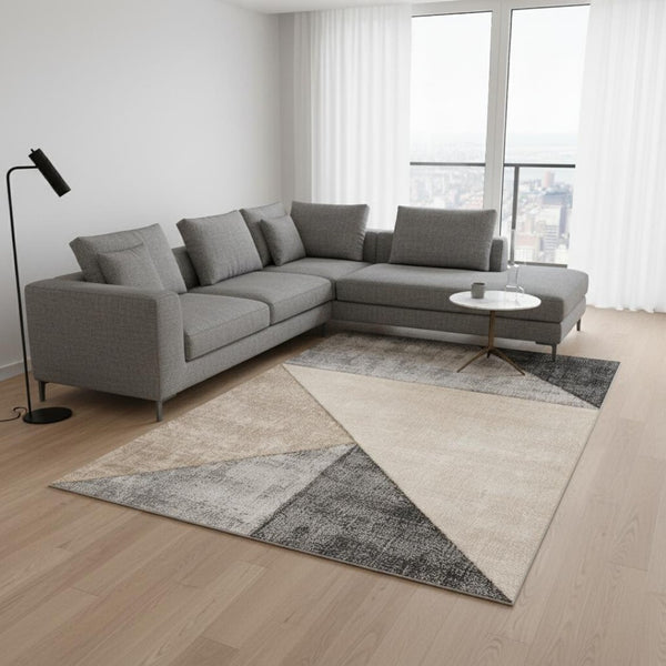 HomeRoots 7' Modern Geometric Area Rug in Gray, Cream, and Beige – Durable, Stain-Resistant Design for Style 7' X 10' 660321