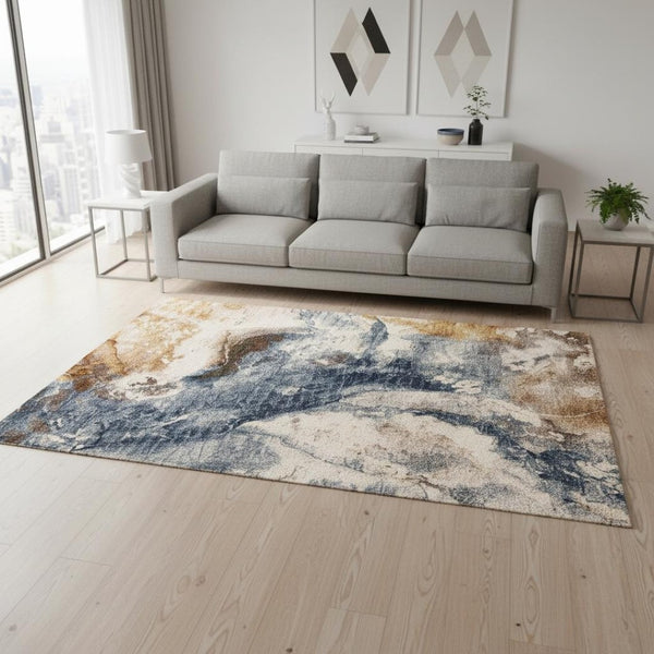 HomeRoots 5' Cream, Copper & Blue Abstract Area Rug - Modern, Durable & Stain-Resistant for Everyday Living 5' X 8' 660323