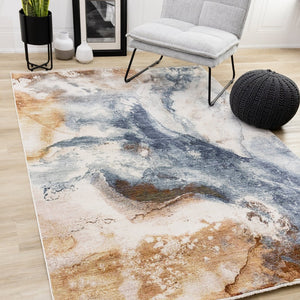 HomeRoots 5' Cream, Copper & Blue Abstract Area Rug - Modern, Durable & Stain-Resistant for Everyday Living 8' X 10' 660324