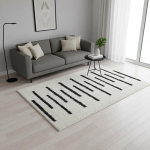 HomeRoots 5' Modern Cream and Black Striped Area Rug - Stain-Resistant, Soft, Durable, Ideal for High-Traffic Homes 5' X 8' 660325